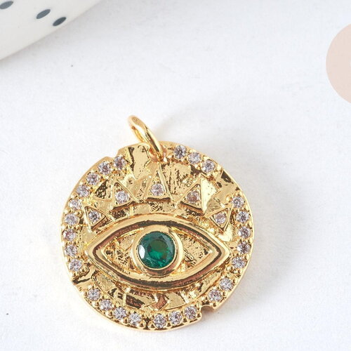 Pendentif rond laiton doré oeil protecteur zircons blanc et vert 18mm, x1 g7373