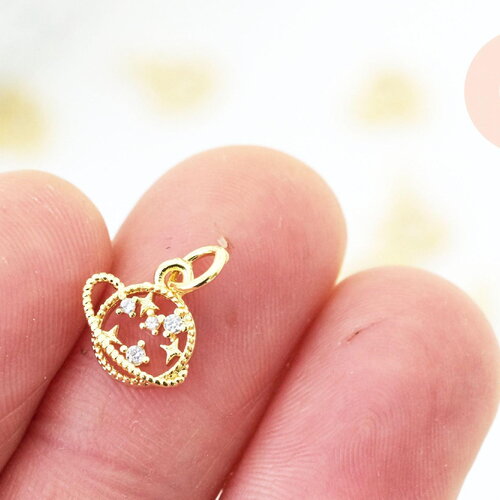 Pendentif rond planète et étoiles laiton doré 18k zircon, un pendentif doré avec cristaux pour création bijoux,10.5mm, x1 g5517