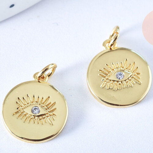 Pendentif médaille ronde oeil laiton doré zircon 15mm, x1 (g3179)