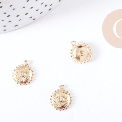 Breloque mauvais oeil ronde plate laiton doré zircon rond 13.5mm, pendentif bijoux chance, x1 g8964