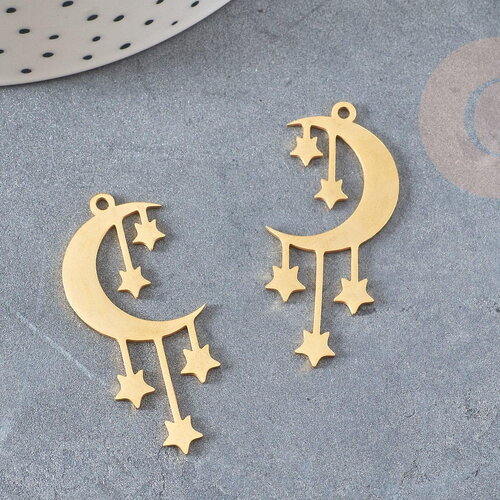 Pendentif acier doré lune et étoiles 41.5mm, breloque doré, acier inoxydable doré, pendentif sans nickel, x1 g6153