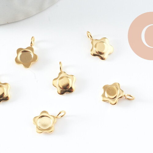 Pendentif fleur support pour cabochon 4mm acier 304 inoxydable doré ip, x2 (g10016)