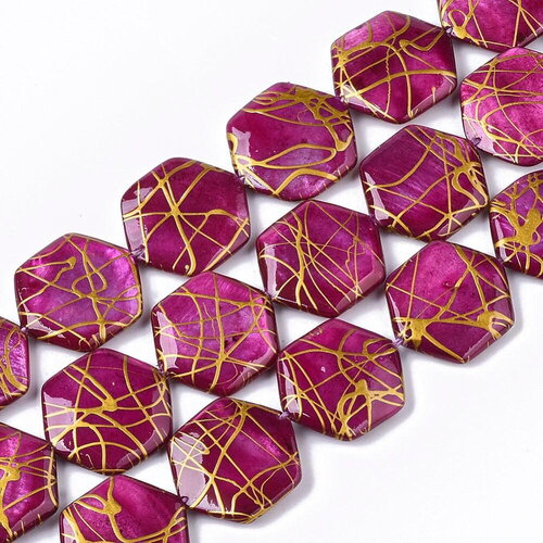 Perle hexagone nacre naturelle rose fuchsia or, perle hexagonale, coquillage ,20mm, x20 perles (g3855)