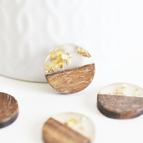 Pendentif disque bois résine paillettes, bois naturel, perle bois rond, perle ronde, bois,18mm, x5 g4540