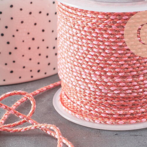 Cordon tressé rose corail taupe 2mm, cordon pour bijoux,cordon multicolore scrapbooking,corde décoration, x1 mètre g5813