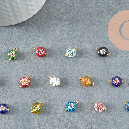Pendentif rond verre oeil protecteur multicolore support zamac doré 12mm, x10 g9714