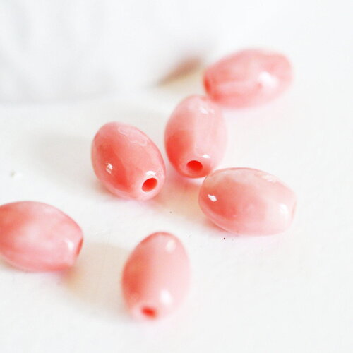 Perle ovale résine rose 11mm,perle imitation corail en bambou de mer naturel, x10 perles,g4003