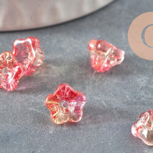 Perles fleur verre rouge et or transparent 8.5mm, perles verre tchèque, perles fleur, verre violet, x10 (g9819)
