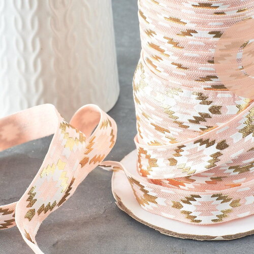 Ruban élastique motif aztèque rose pêche or efjf 16mm, bracelet evjf,ruban mariage,scrapbooking, x1 mètre g6471