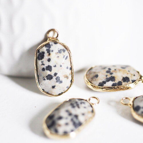 Pendentif hexagone jaspe dalmatien,pendentif pierre, support doré,création bijou pierre naturelle,jaspe naturel,25mm, x1, g1866