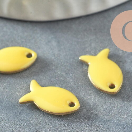 Pendentif poisson laiton brut émail jaune 13.5mm, x2 (g10129)