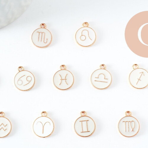 Pendentif rond constellation zamac doré zircon émail blanc 15mm, x1 (g3715)