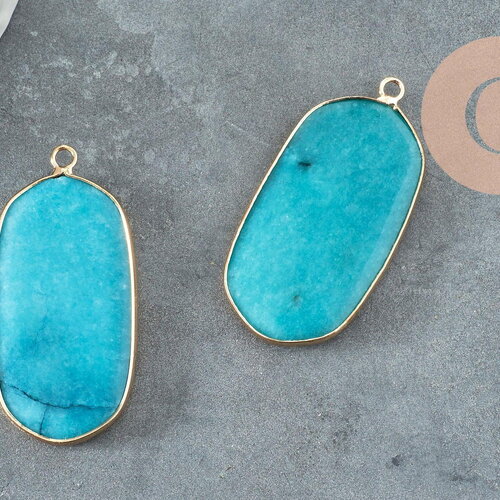 Pendentif hexagone jade naturel bleu laiton doré 49mm, x1 (g0861)