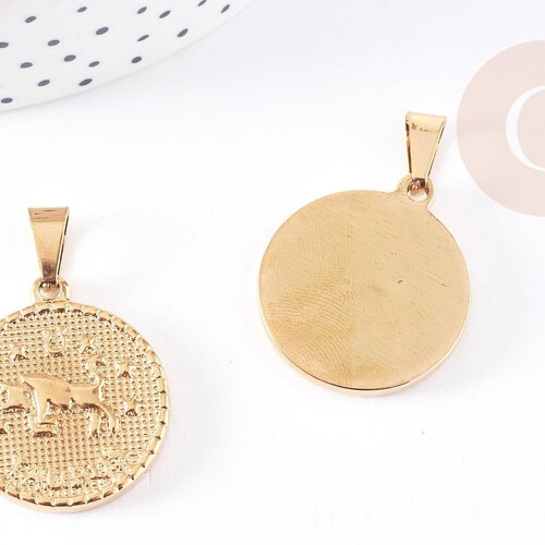 Pendentif médaille ronde taureau acier doré,signe astrologique, pendentif doré,sans nickel,acier doré,médaille or,2.9cm, x1 g0106