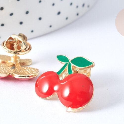 Broche émail cerise rouge et vert zamac doré 23mm, x1 (g7905)