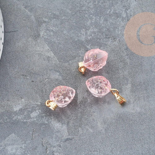 Pendentif fraise verre rose fer doré 17~18x11~12x10mm, collier pendentif, pendentif fraise, 17~18mm, x1 (g9060)