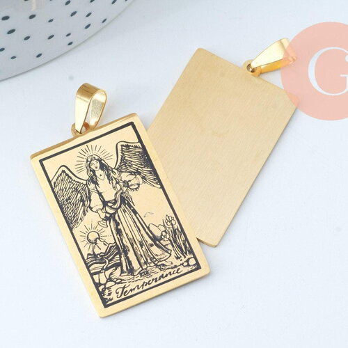 Pendentif médaille rectangle tempérance acier 201 doré inoxydable 40mm, pendentif carte tarot, x1 g6083