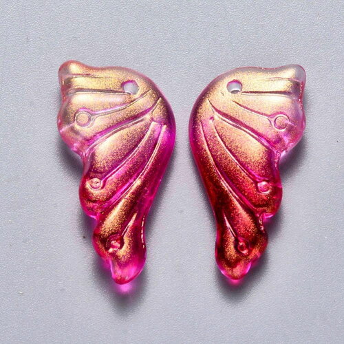 Pendentif aile verre rose fuchsia or 24.5mm ,pendentif verre ,x10 (g5832)