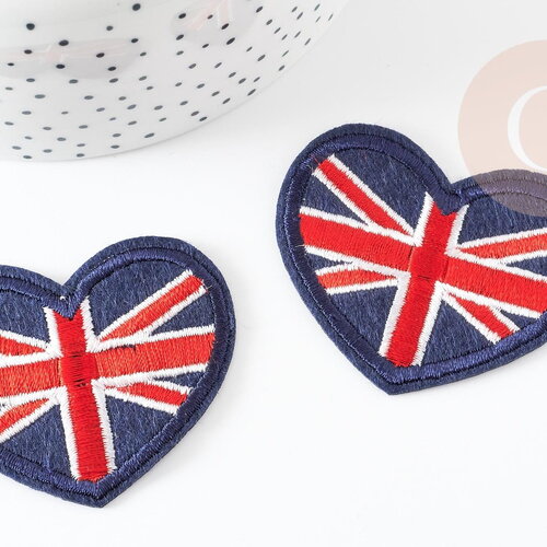 Ecusson coeur drapeau anglais,customisation vêtement, thermocollant,écusson brodé, drapeau anglais,57mm, x2 g1821