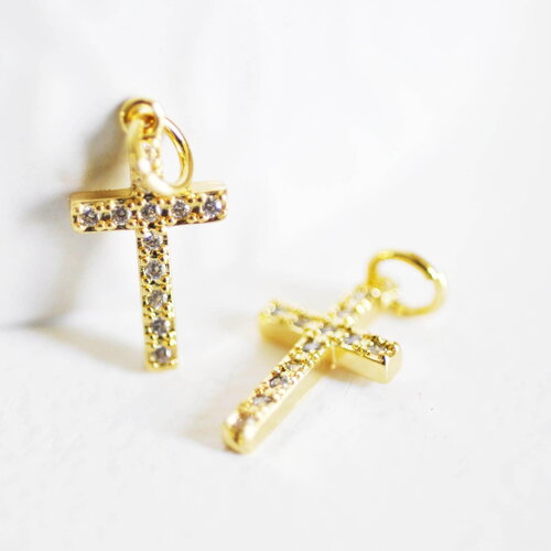 Breloque croix laiton doré 18k cristal,sans nickel,laiton brut,croix bijoux,création bijoux,pendentif religion, pendentif zircon,16mm-g0473
