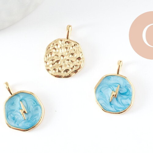 Pendentif médaille rond éclair émail bleu laiton doré, pendentif laiton émaillé,sans nickel,18mm, x1 g4269