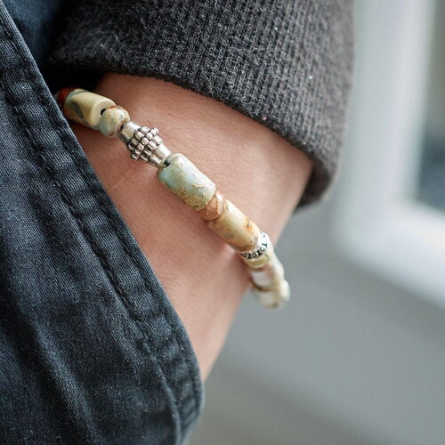 Kit bracelet pour homme jaspe naturelle et zamac argenté marin, x1 pochette 1 bracelet (g9178)