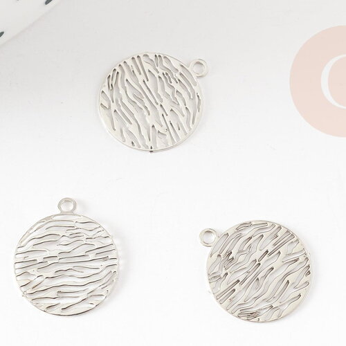 Pendentif estampe filigrane rond motif vagues laiton platine 14mm, pendentif léger pour création bijoux argent, x2 g9298