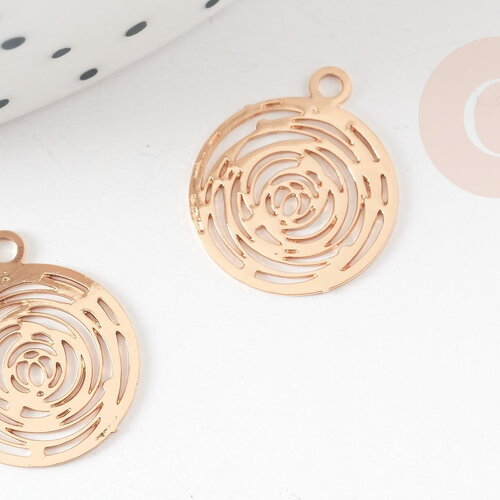 Pendentif estampe filigrane rond fleur rose laiton doré clair 14.5mm, pendentif léger pour création bijoux or, x2 g9291