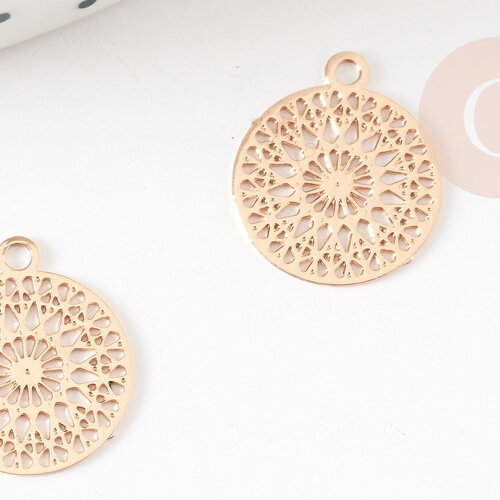 Pendentif estampe filigrane rond fleur dentelle laiton doré clair 14mm, pendentif léger pour création bijoux or, x2 g9290
