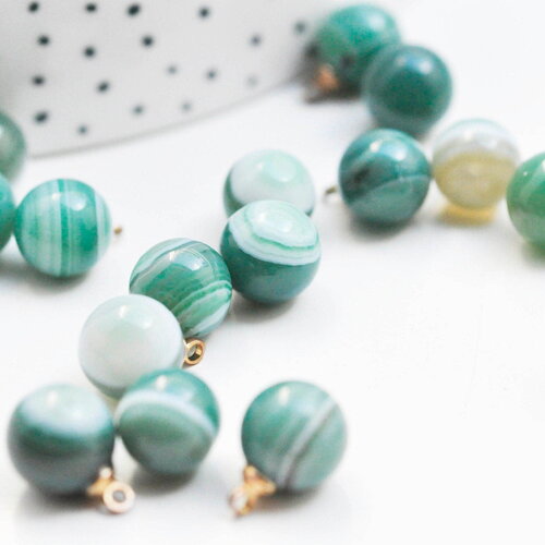 Pendentif goutte rond agate verte rayée, support doré, création bijoux pierre naturelle, pendentif pierre naturelle, 14mm, x1, g4486