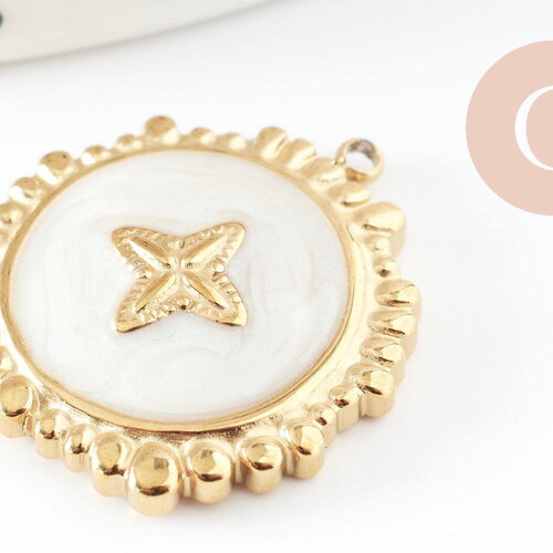 Pendentif rond motif fleur 304 inoxydable doré résine blanche 23mm, breloque acier inoxydable doré sans nickel, x1 g9405