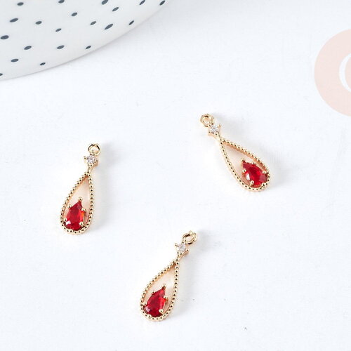 Pendentif goutte laiton doré zircon cristal rouge 17,5mm, pendentif création bijoux, x1 g8435