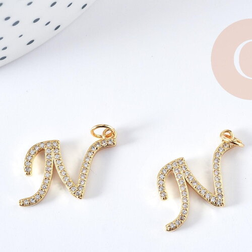 Pendentif lettre n initiale laiton doré zircon blanc 16mm, pendentif initiale prénom x1 g8758