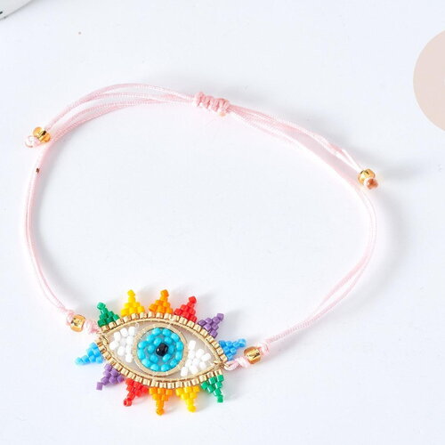 Bracelet réglable mauvais œil multicolore 28cm cordon rose nylon perles rocailles tissées , bijou chance à offrir, bracelet amitié, x1 g7689