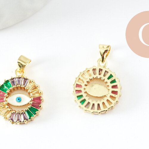 Pendentif rond oeil doré cristal zircon coloré, porte-bonheur contre mauvais oeil création bijoux,18mm, x1 (g5313)