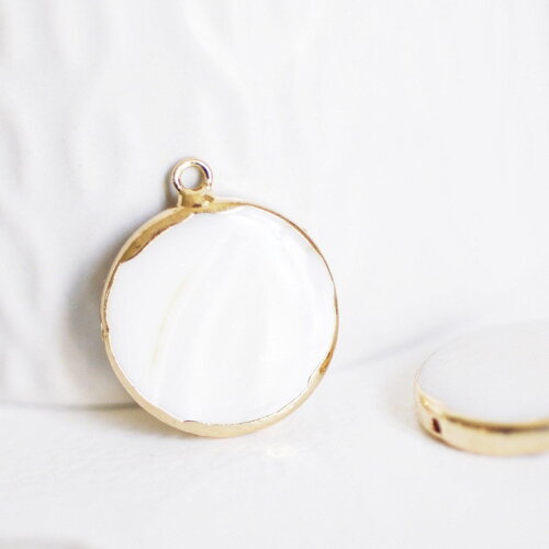 Pendentif nacre blanche naturelle doré,fourniture créative,pendentif rond nacre,coquillage blanc,création bijou, 26mm, x1,g2178