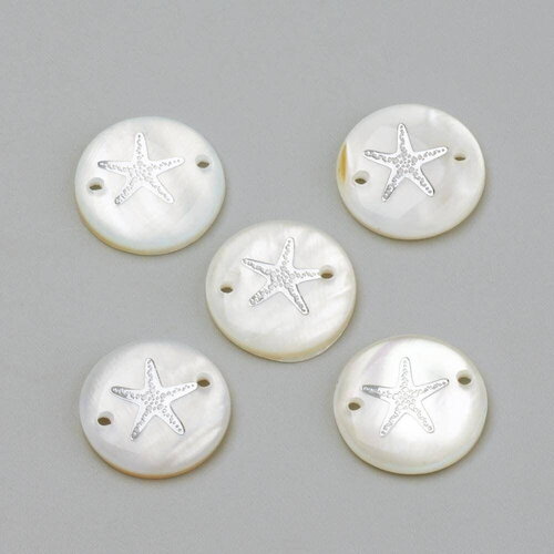 Pendentif rond nacre ancre argenté, pendentif ancre,coquillage blanc,coquillage naturel,création bijoux,16mm,2 trous x10 (g1070)