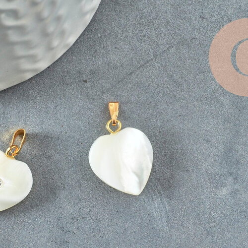 Pendentif coeur nacre blanche naturelle doré cristal,pendentif coeur,coeur nacre,coquillage blanc,création bijou, 19mm, x1 g1065