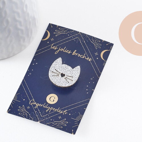 Broche mignon chat gris à paillettes 22mm, x1 (g10053)