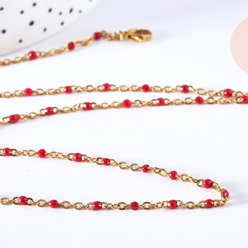 Bracelet ou collier acier doré 14k résine rouge 20.5cm, x1 (g3599)