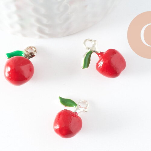 Pendentif pomme émaillé rouge zamac argenté 18.5mm,pendentif fruit création bijoux , x1 (g4299)