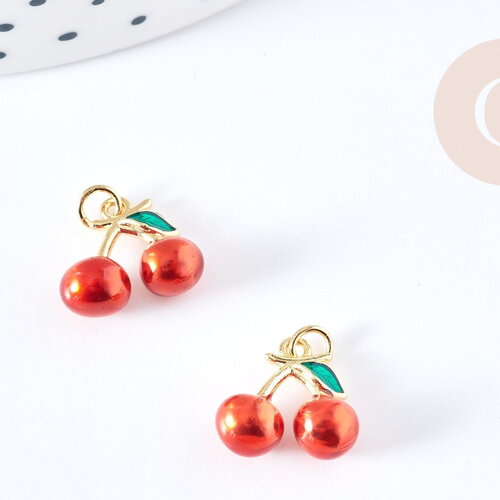Pendentif cerise doré émaillé rouge laiton doré 18k 11mm,x1 g8582