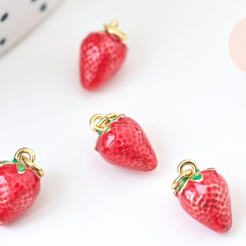 Pendentif fraise laiton doré 18k émail rouge 11.5mm, x1 (g5516)