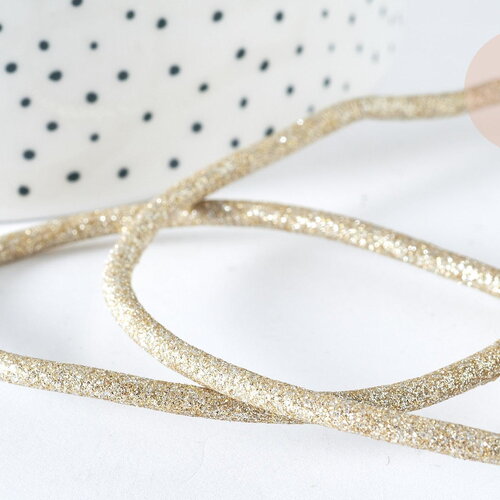 Cordon similicuir beige à paillettes doré 3mm, x1 mètre (g7464)