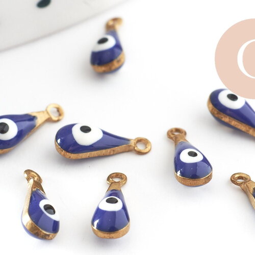 Pendentifs doré goutte fleur émail bleu foncé, mauvais oeil, laiton doré, pendentif chance, 9mm, x10 g3560