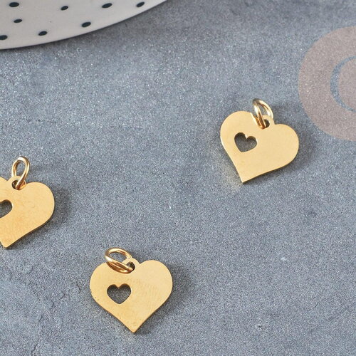 Pendentif médaille coeur acier 304 inoxydable doré 12mm, x1 (g2993)