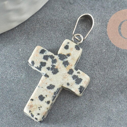 Pendentif croix jaspe dalmatien naturel acier inoxydable 29mm,pendentif pierre, support argent, création bijoux, x1 g1695