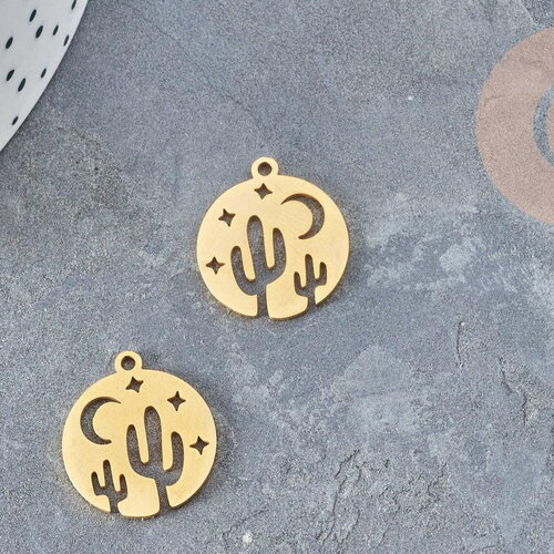 Pendentif médaille cactus étoiles acier doré 20.5mm, breloque acier inoxydable doré x1 g6038