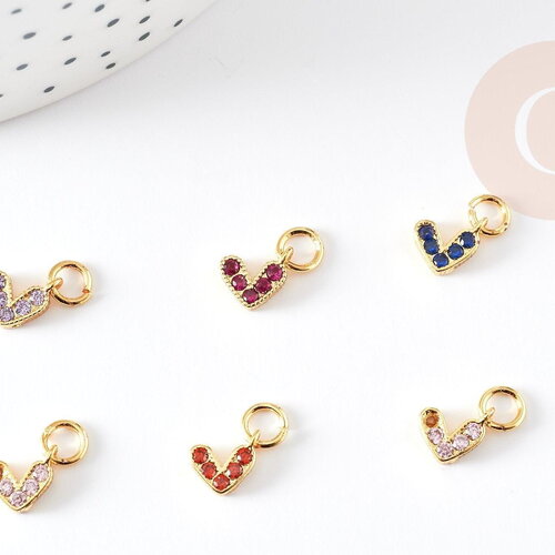 Breloque coeur laiton doré 18k cristal,sans nickel,croix bijoux,création bijoux,pendentif amour, zircon coloré,8mm, x1 g3485