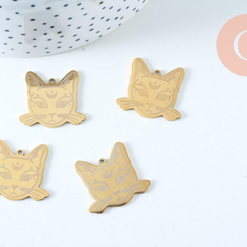 Pendentif tête de chat mystique acier doré inoxydable 22mm pour la création de bijoux en acier doré, x1 g6017